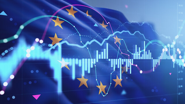 European Union stars over glowing financial charts and analytics lines, representing economic trends, investment strategy, and digital finance background. 3D Rendering