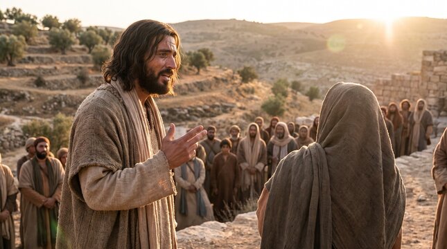 Jesus Christ Preaching the Gospel and Teaching Parables to a Crowd at Sunset in the Holy Land, Biblical Sermon Scene