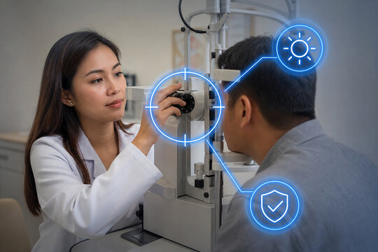 Optometrist performing preventive eye health screening