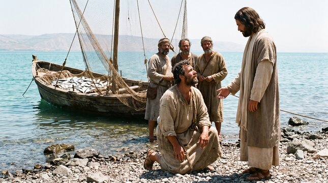 Jesus Christ and the Miraculous Catch of Fish on the Sea of Galilee Shore, Calling of the First Disciples Simon Peter