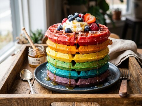 Vibrant rainbow waffles stacked high with cream and berries, a delightful sweet treat