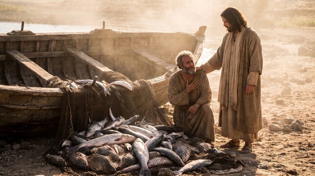 Jesus Christ and the Miraculous Catch of Fish with Simon Peter on the Shore of the Sea of Galilee, Biblical Disciples Scene