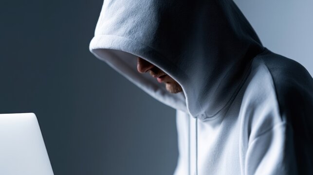 A mysterious figure wearing a hoodie, illuminated by the glow of a laptop screen, engrossed in coding or hacking in a dimly lit room. The scene evokes a sense of intrigue and technological focus