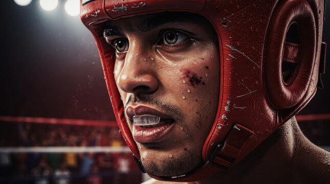 Close-up of boxer in red headguard. Athlete with mouthguard shows sweat and bruises in the ring. Determination concept for sports media and combat fitness ads.
