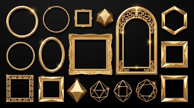 Luxury golden frames and geometric 3D shapes set, elegant gold borders on black background, ornate metallic picture frame collection