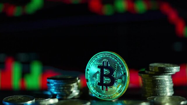 Cryptocurrency coin sits prominently on a dark surface while financial market data charts flicker in the background, illustrating the volatile nature of modern digital asset trading worldwide today.