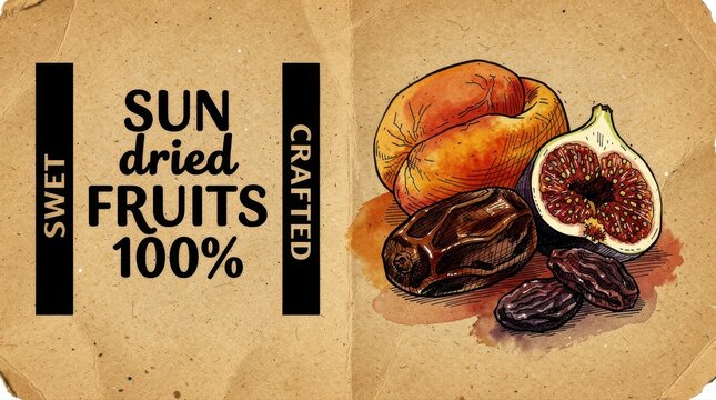 Watercolor illustration of dried fruits including fig, apricot, and dates. Hand-drawn sketch on vintage paper with rustic typography. Organic food concept for healthy snack branding and marketing.