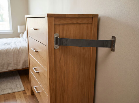 Furniture Anti Tip Safety Strap Securing Wooden Dresser to Wall in Bedroom