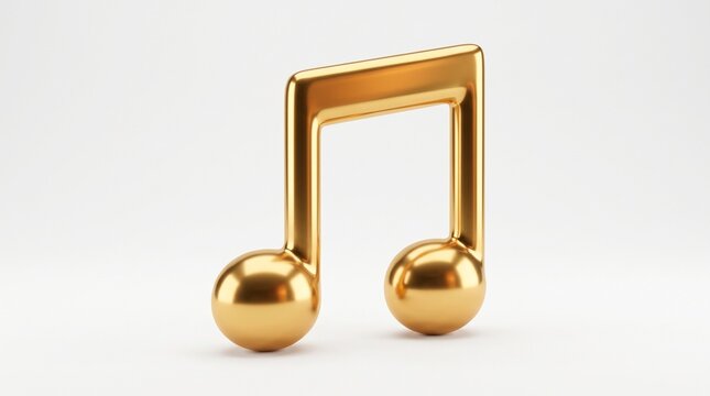 Golden musical note icon, 3D metallic eighth note on white background, luxury gold music symbol for audio apps and entertainment branding
