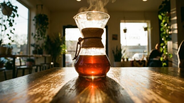 Chemex coffee maker with steaming brew on cafe wooden table