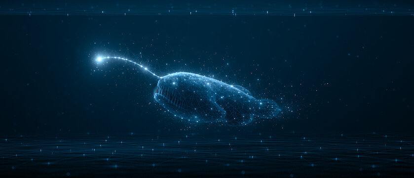 Anglerfish digital network with open jaw teeth and glowing lure, deep sea data connection concept above ocean floor