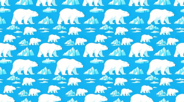 Seamless pattern of polar bears walking among icebergs on a blue background. Flat vector illustration featuring white arctic animals and ice floes. Ideal for textile and conservation campaigns.