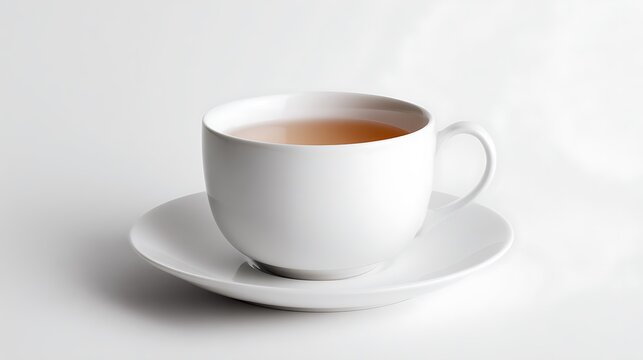 White Teacup with Tea on White Background, Minimalist Ceramic Cup for Wellness and Calm