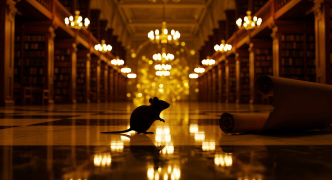 Silhouette of a mouse on a reflective floor in a grand library. Golden chandeliers illuminate a long hall filled with scrolls. Fantasy storytelling concept, ideal for cinematic atmospheric projects.