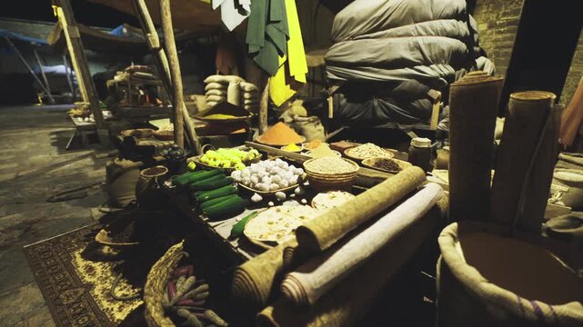 Farm seller arranging herbs and produce in lanternlit aisle, baskets of corn and peppers on wooden surfaces, vibrant textures and seasonal colors, hands sorting