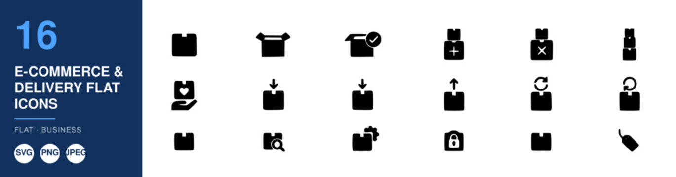 Delivery Flat Icons Set with Shopping Cart, Box, Package Labels, and Delivery Arrow in Simple Monochrome Style for E-Commerce Conc