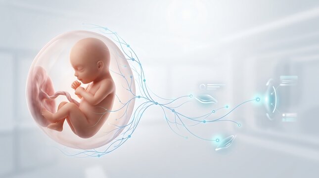 fetus curled up in a transparent sphere, surrounded by an orange liquid and glowing tendrils , a new born baby growth in wormth of mother concept created with generative ai