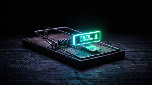 Free download trap concept with mouse trap symbolizing cybercrime and ransomware attacks in dark setting creating tense atmosphere