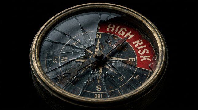Broken compass with high risk warning symbol on black background representing unsustainable investment risk