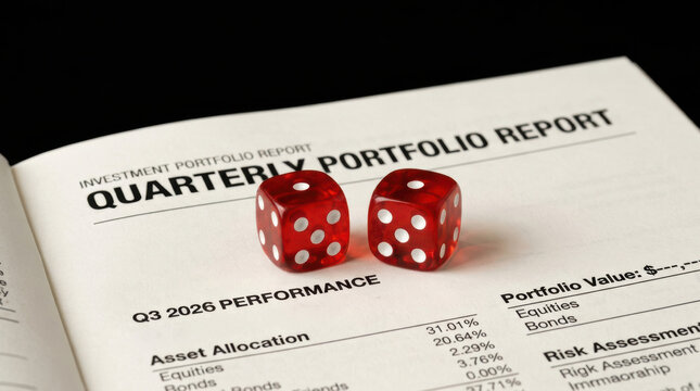 Quarterly portfolio report with red dice symbolizing risk and unsustainable investment decisions in financial planning and asset allocation