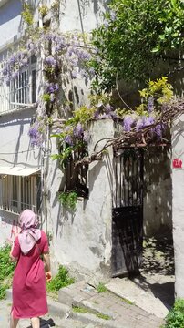 ISTANBUL, TURKEY - 06 MAY 2026: A stroll through the old streets of Istanbul with a view of the Bosphorus. Beautiful narrow streets with a rich cultural heritage.