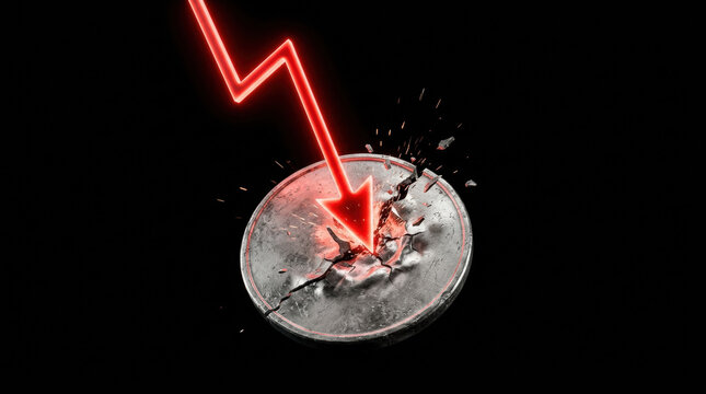 Red arrow crashes into coin symbolizing unsustainable investment causing financial damage and economic decline in dramatic visual