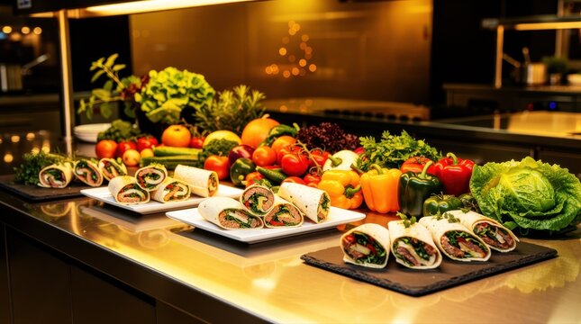 Assorted sliced wraps displayed on plates in a professional kitchen setting. Fresh vibrant vegetables like peppers and tomatoes provide a lush background. Healthy catering and buffet concept.