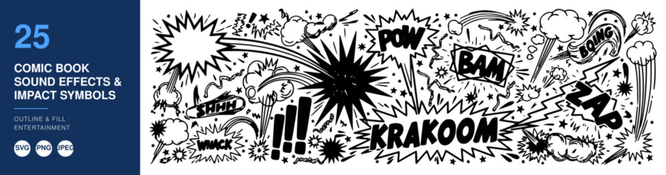 Sound Effect Impact Symbols Nameplate with Comic Book Action Lines, Splashes, Bursts and Speech Mark Icons