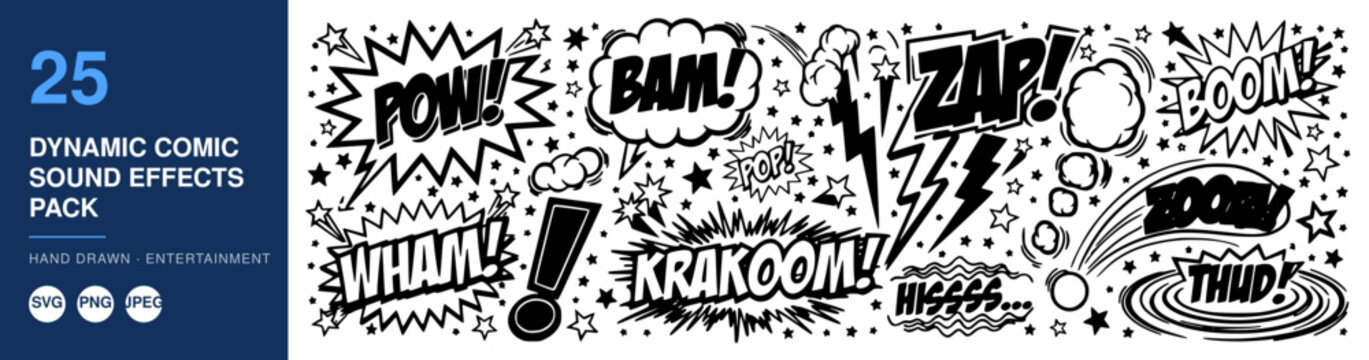 Sound Effects Comic Burst Icons on a Nameplate Design for Creative Graphics and Entertainment Concepts