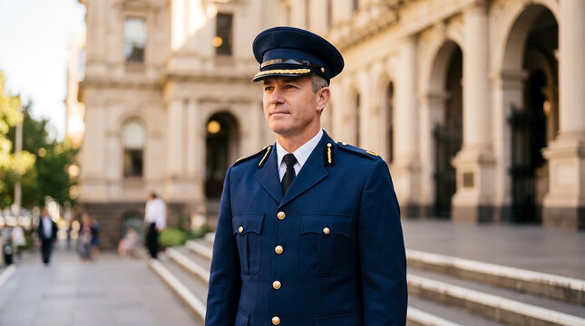 Police officer wearing formal dress uniform standing outside in urban setting.