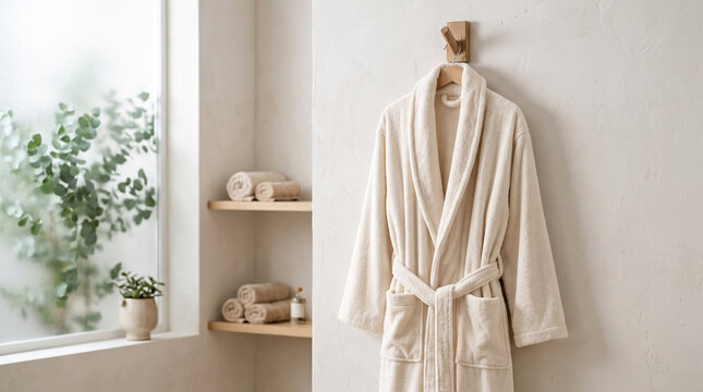 Cozy robe with large pockets hanging on wall in serene bathroom setting. Modern design includes soft textures, natural wood accents, and neatly rolled towels.