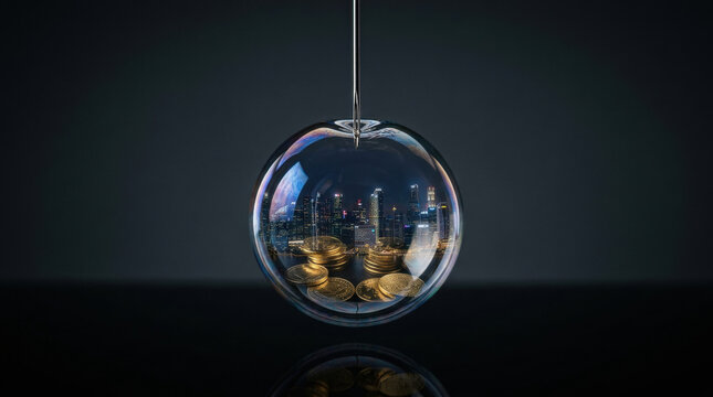 Investment unsustainable coin city bubble risk finance economy money business concept crisis financial market capital wealth protection danger