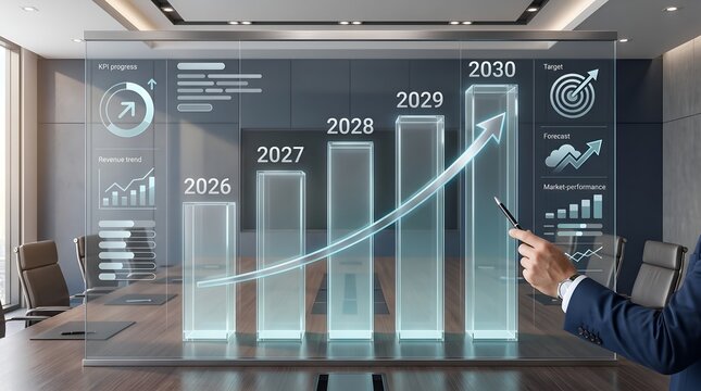 Long term business forecasting strategy with futuristic transparent dashboard showing revenue growth and KPI progress toward 2030 goals
