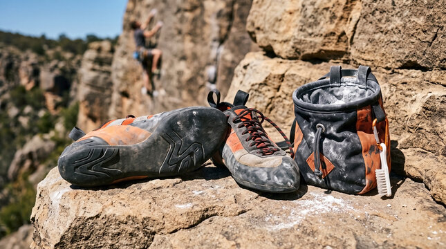 Climbing shoes and chalk bag on rocky surface beside cliff. A pair of climbing shoes and a chalk bag rests on a rocky ledge, showcasing essential gear for outdoor rock climbing adventures.