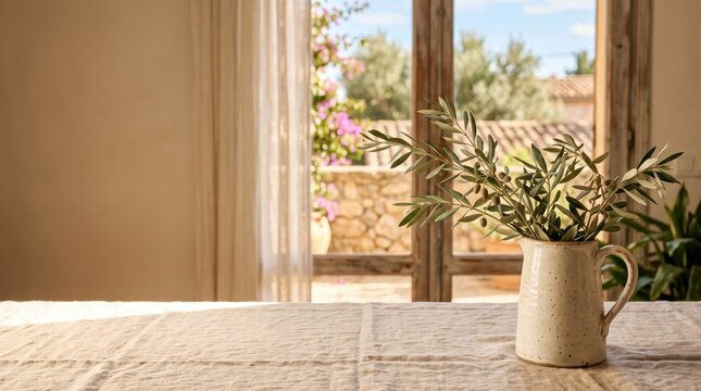 Olive branch in ceramic pitcher on linen tablecloth with Mediterranean light and copy space for restaurant menus