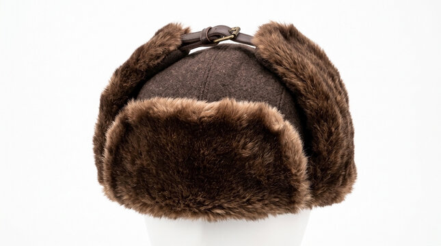 Classic brown russian fur hat, known as ushanka, displayed on white background. Warm winter hat features soft faux fur and functional ear flaps.