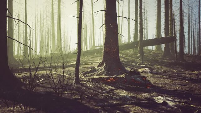 Artist imagines scene with glowing warm hues and deep shadows. Cinematic depiction of scorched woodland with extended dark shadows and golden lighting