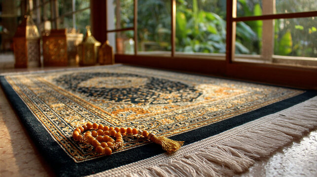 A traditional Islamic prayer rug with golden prayer beads resting near a sunny window.