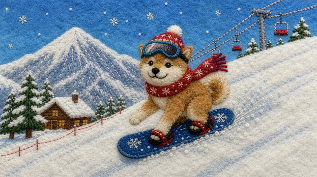 季節の風景。フェルトと刺繍で表現した冬の風景。ゲレンデでスノーボードをする犬。