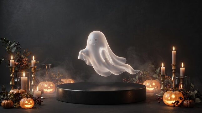Spooky white ghost floating above a dark podium surrounded by glowing jack o lanterns and candles