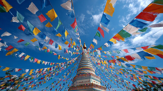 Colorful Tibetan prayer flags radiating from a white Buddhist stupa under a bright blue sky.