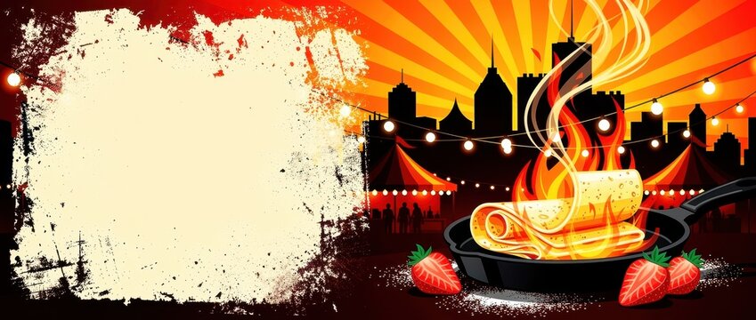 Crepe suzette flaming in a pan at a city street food festival. Illustration with strawberries and carnival tents against a sunset skyline. Dessert menu background with copy space for promotion.