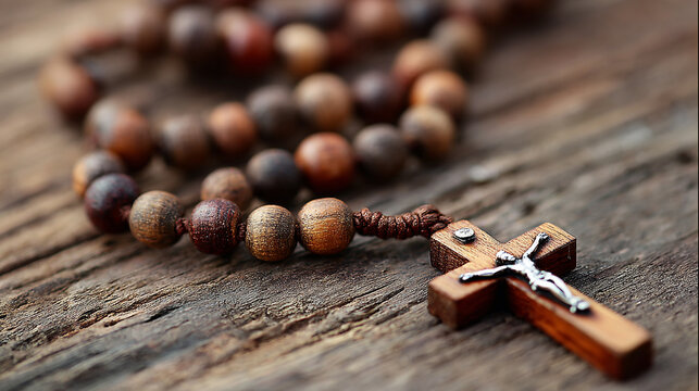 Close up of a traditional wooden Catholic rosary with a crucifix resting on a rustic wooden table.