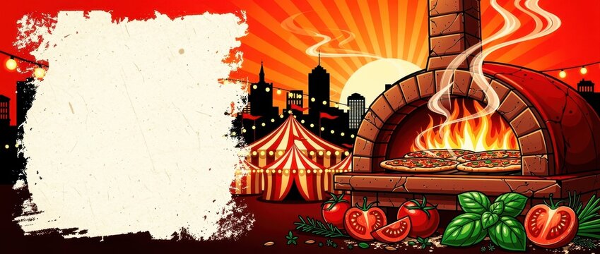 Wood-fired pizza oven baking pizzas by a circus tent and city. Vibrant illustration with fresh tomatoes and basil. Italian food festival concept, ideal for restaurant menus and posters.