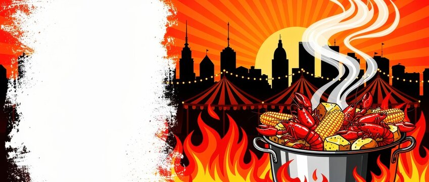 Seafood boil with crawfish and corn cooking over flames before a city skyline. Vibrant comic illustration featuring circus tents and sunburst background. Cajun food festival concept for posters.