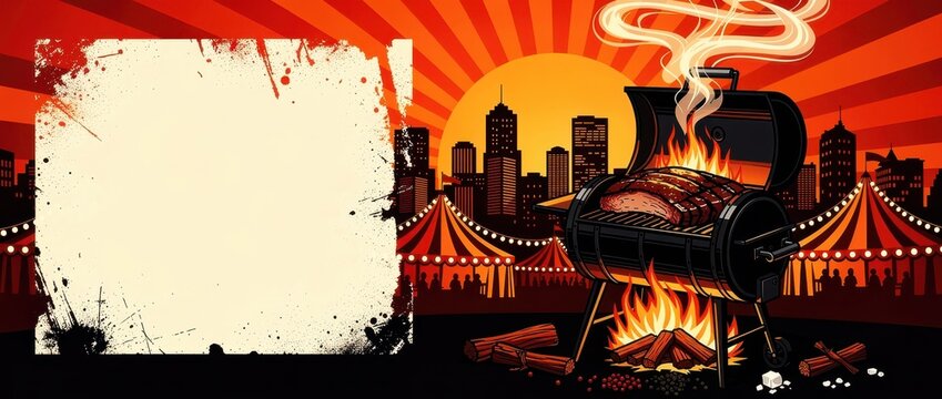 Grill smoking over fire in urban setting with city background. Illustration features carnival tents and a large copy space area. Festive outdoor catering concept for summer event marketing.
