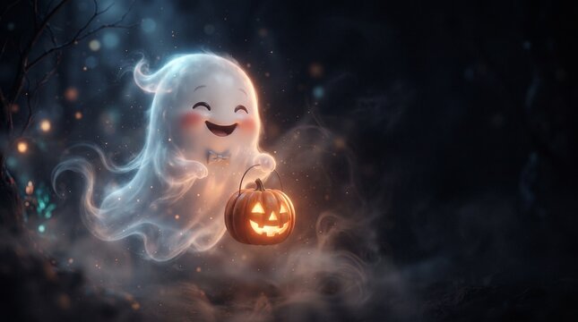 A cute little ghost smiling while holding a glowing jack o lantern in the dark forest