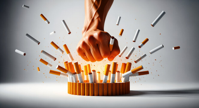 Muscular fist smashing through a group of cigarettes. Powerful hand destroying tobacco products with dynamic debris. Quit smoking and willpower concept, ideal for healthcare awareness campaigns.