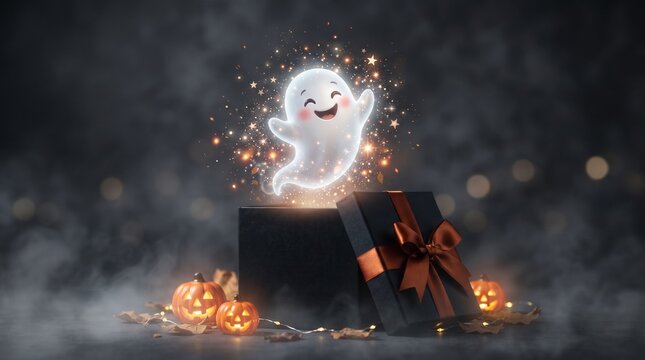 Festive halloween scene with a friendly ghost and glowing jackolanterns