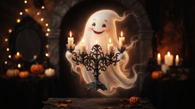 Friendly ghost haunting a vintage chandelier amidst halloween decorations
